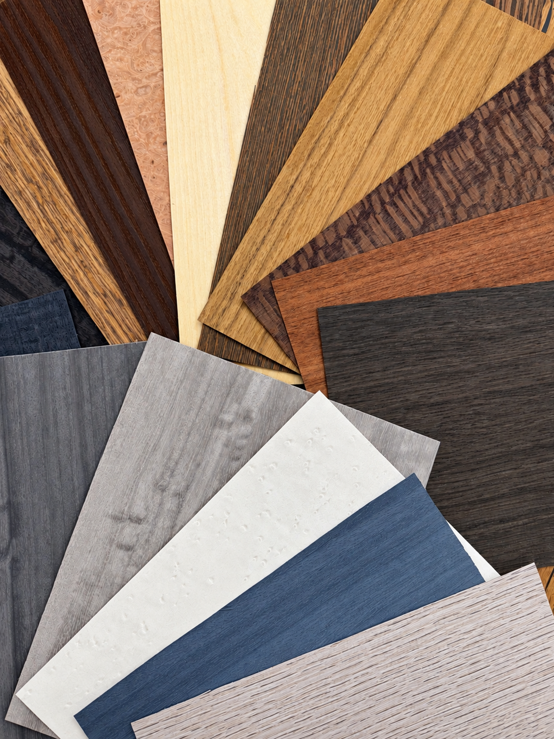 A selection of natural and coloured wood veneer samples
