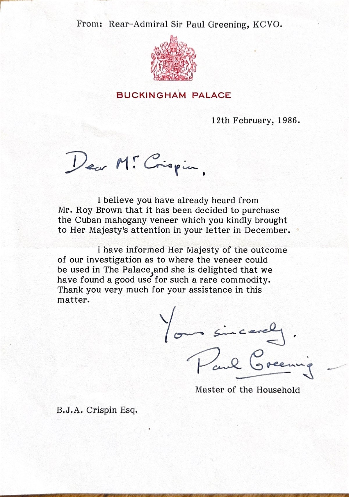 Buckingham Palace letter dated 12 February 1986 confirming purchase of Cuban mahogany veneer