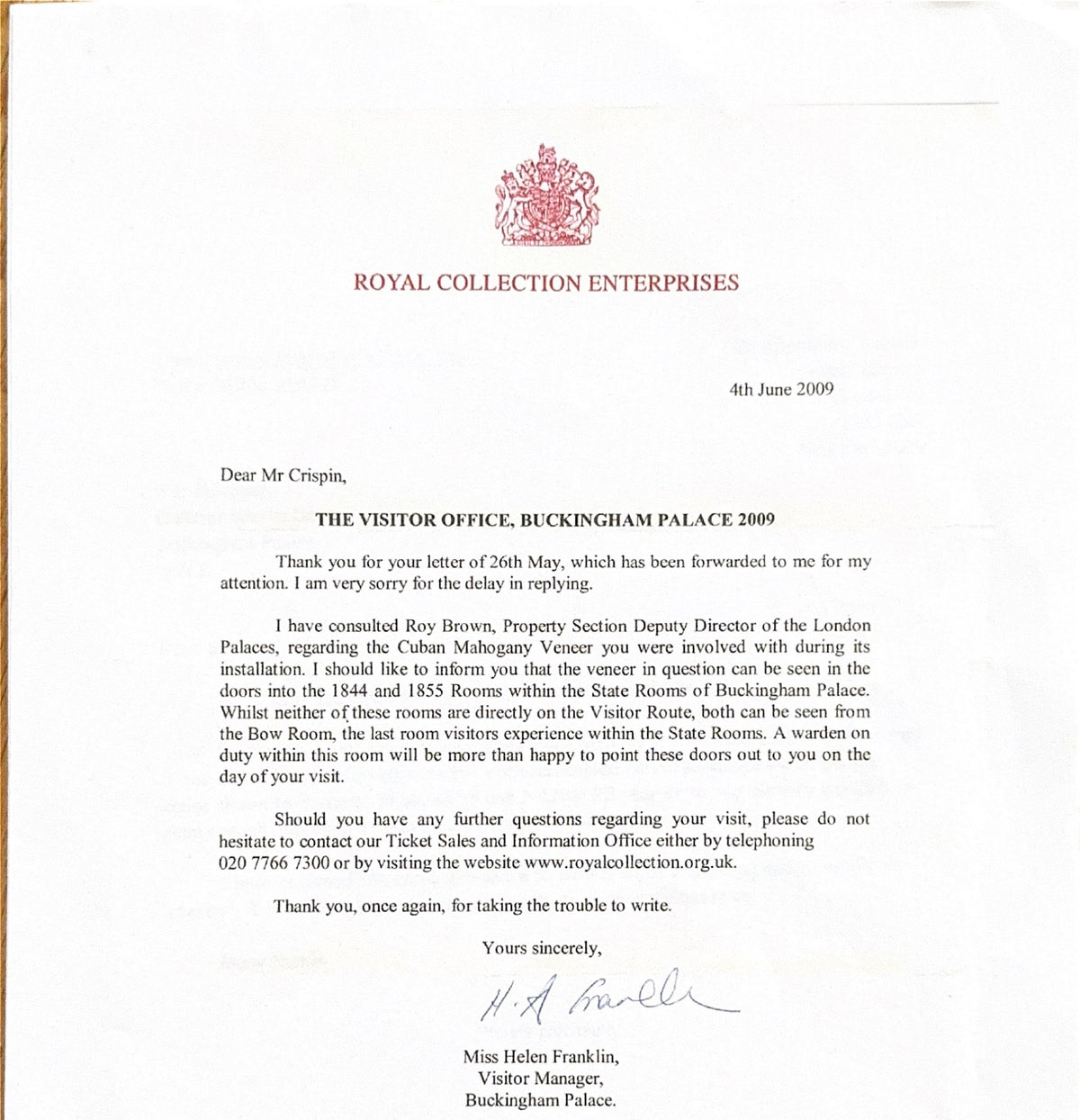 Excerpt from the 4 June 2009 letter identifying the veneer in Buckingham Palace